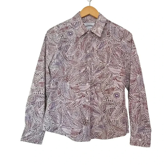 Foxcroft Women's Button-Up Top 8P Shaped White and Purple Wrinkle Free Collared - Picture 1 of 8